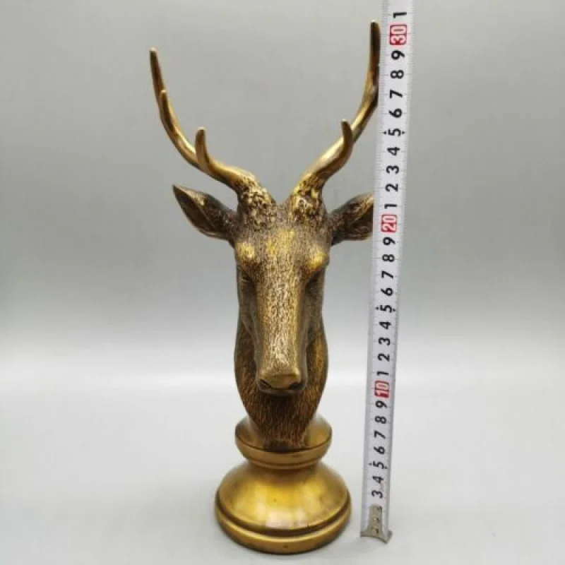 Old Bronze Feng Shui Zodiac Animal Wild Antlers Deer Head Statue