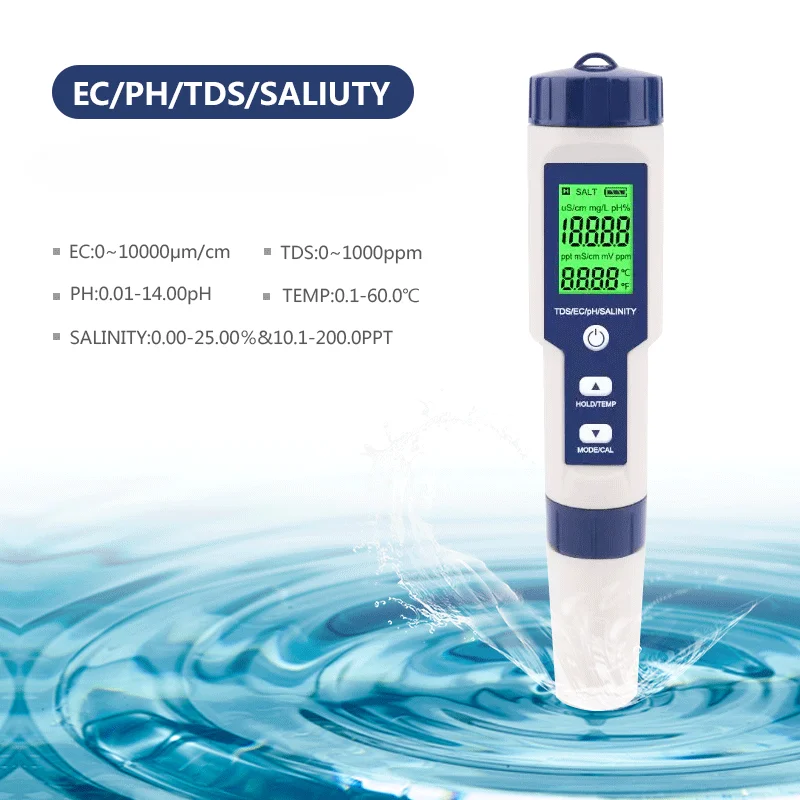 

5 in1 Backlight Water Quality Tester Digital TDS EC PH Salinity Temperature Meter for Spa Pools Aquariums Water Quality Detector