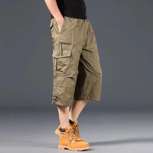 Imagen 2 del producto Pantalones cortos Cargo de verano para hombre, pantalones holgados informales por debajo de la rodilla, cintura elástica de talla grande, pantalones Capri tácticos para correr al aire libre