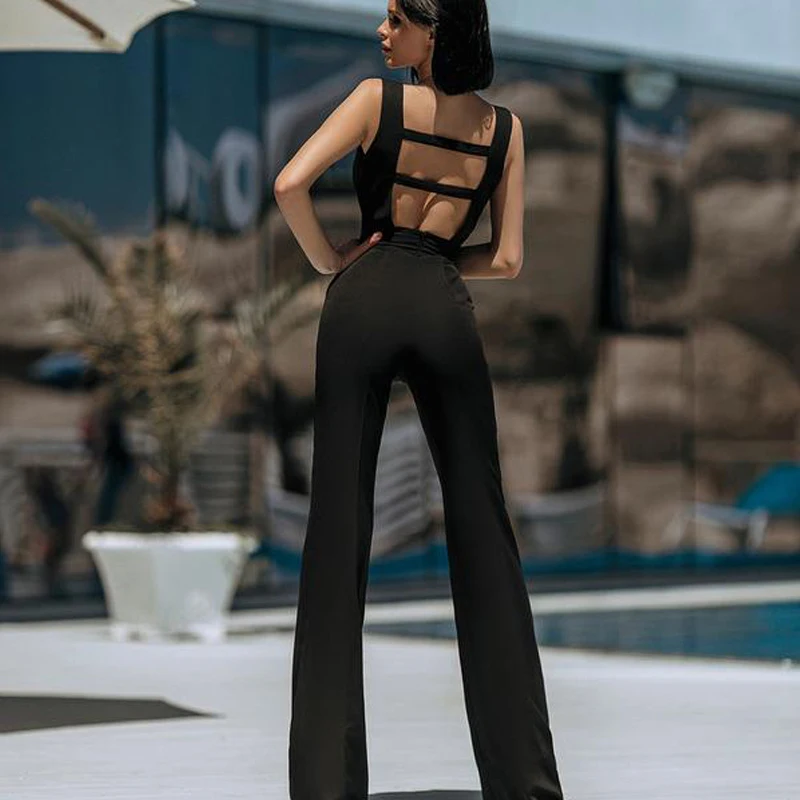 Temperament Zwarte Diepe V Backless Mouwloze Vrouwen Jumpsuit Sexy Niche Inspiratie Slanke Jumpsuit