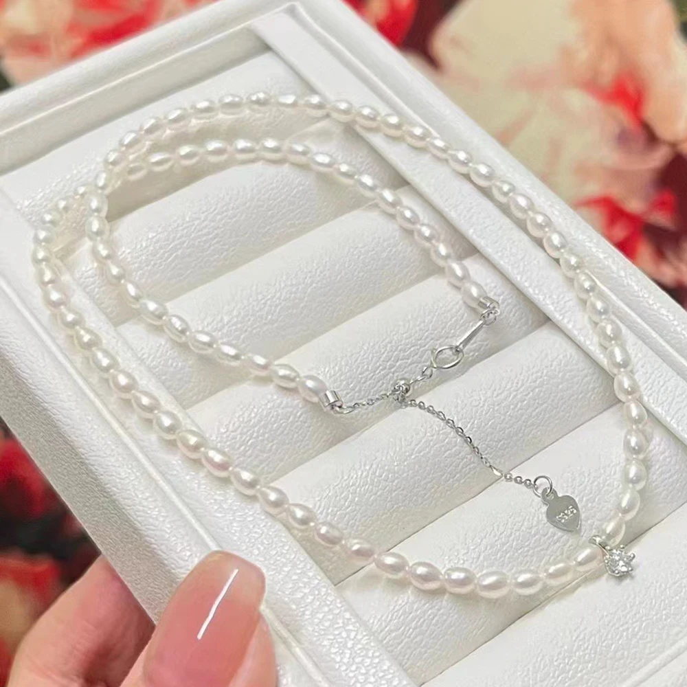Aurora Oval Shape Real Pearl Beads Collarbone Necklace 925 Silver Accessories Natural Baby Pearl Chain with Princess Pendant