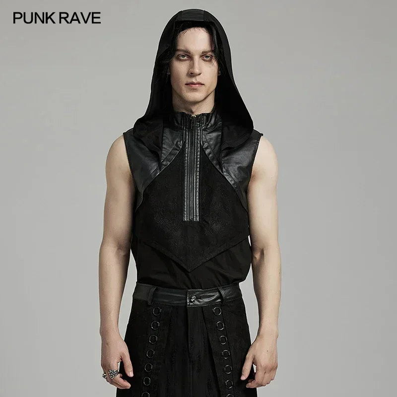 PUNK RAVE Men's Punk Hooded Tank Tops Creative Structure Splicing Cool Slim Vest Men Clothing Handsome Streetwear