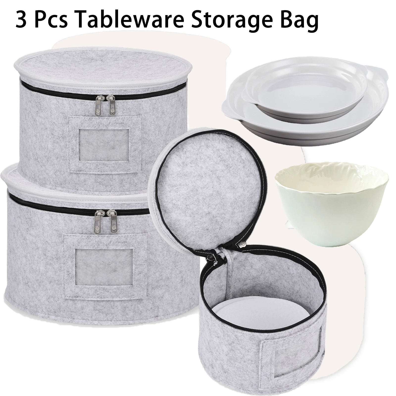 

3-х шт. фетровая тканевая сумка для хранения посуды с разделителями, штабелируемые пылезащитные китайские чаши, контейнеры для хранения тарелок с застежкой-молнией