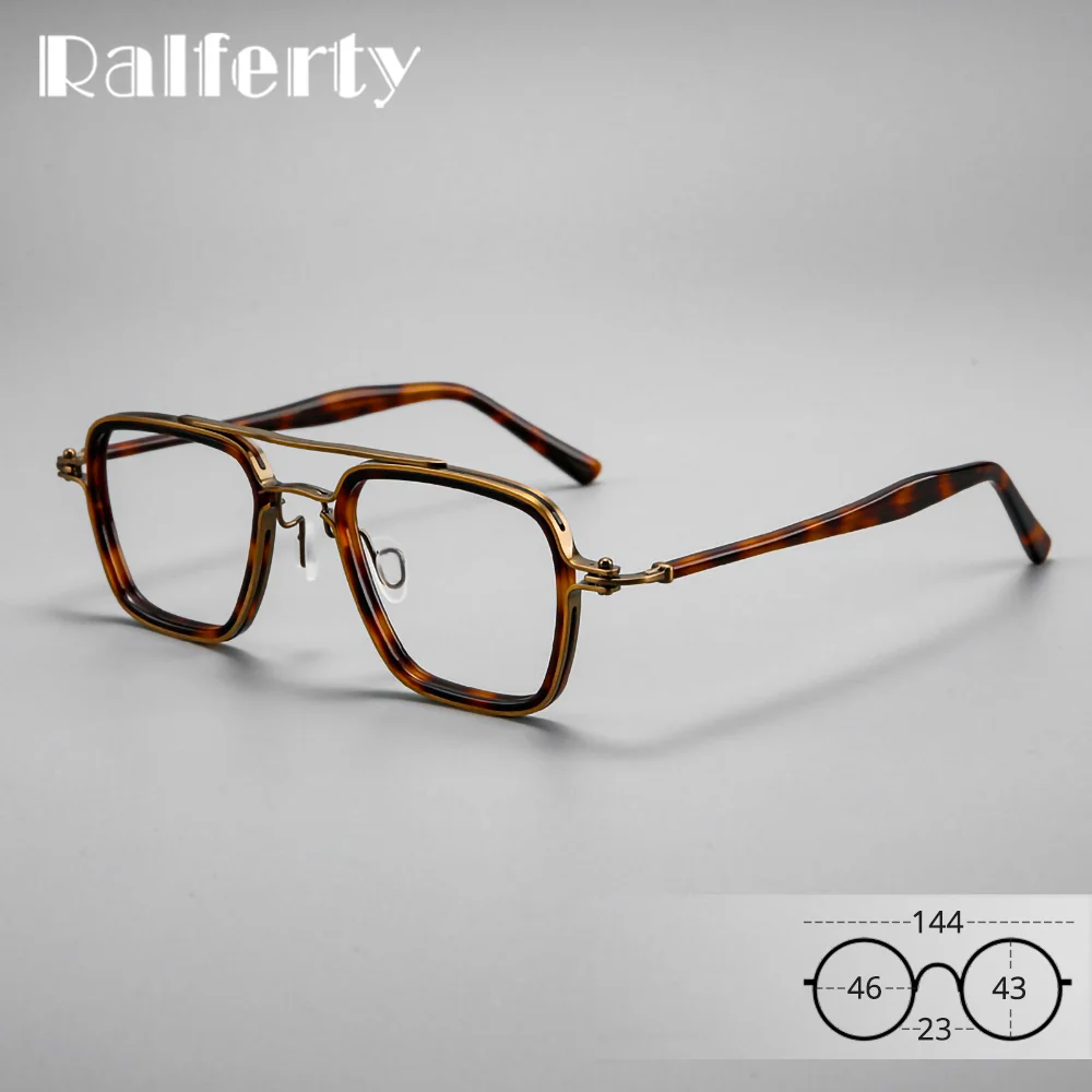 

Оправа для очков Ralferty Luxury из ацетата и чистого титана, мужская, в ретро-японском стиле, с двойным мостиком, квадратные очки для мужчин, 154 мм, для большой головы