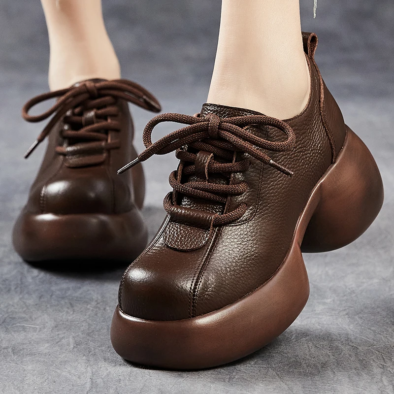 

GKTINOO 2024 Spring New Genuine Leather Pumps Thick Soled Women Shoes Retro Comfortable Round Toe Wedges Platform Shoes