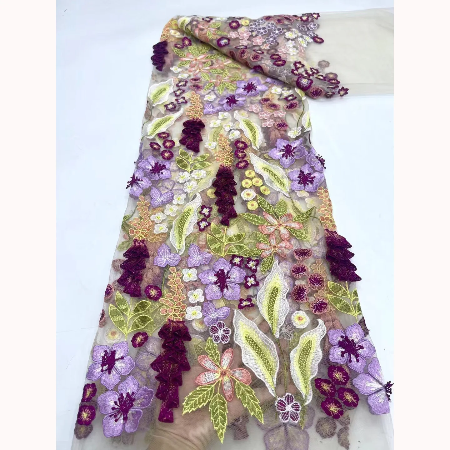 French 3D appliqued embroidery fabric, grape lace fabric, Nigerian wedding dress and evening gown sewing fabric. High quality