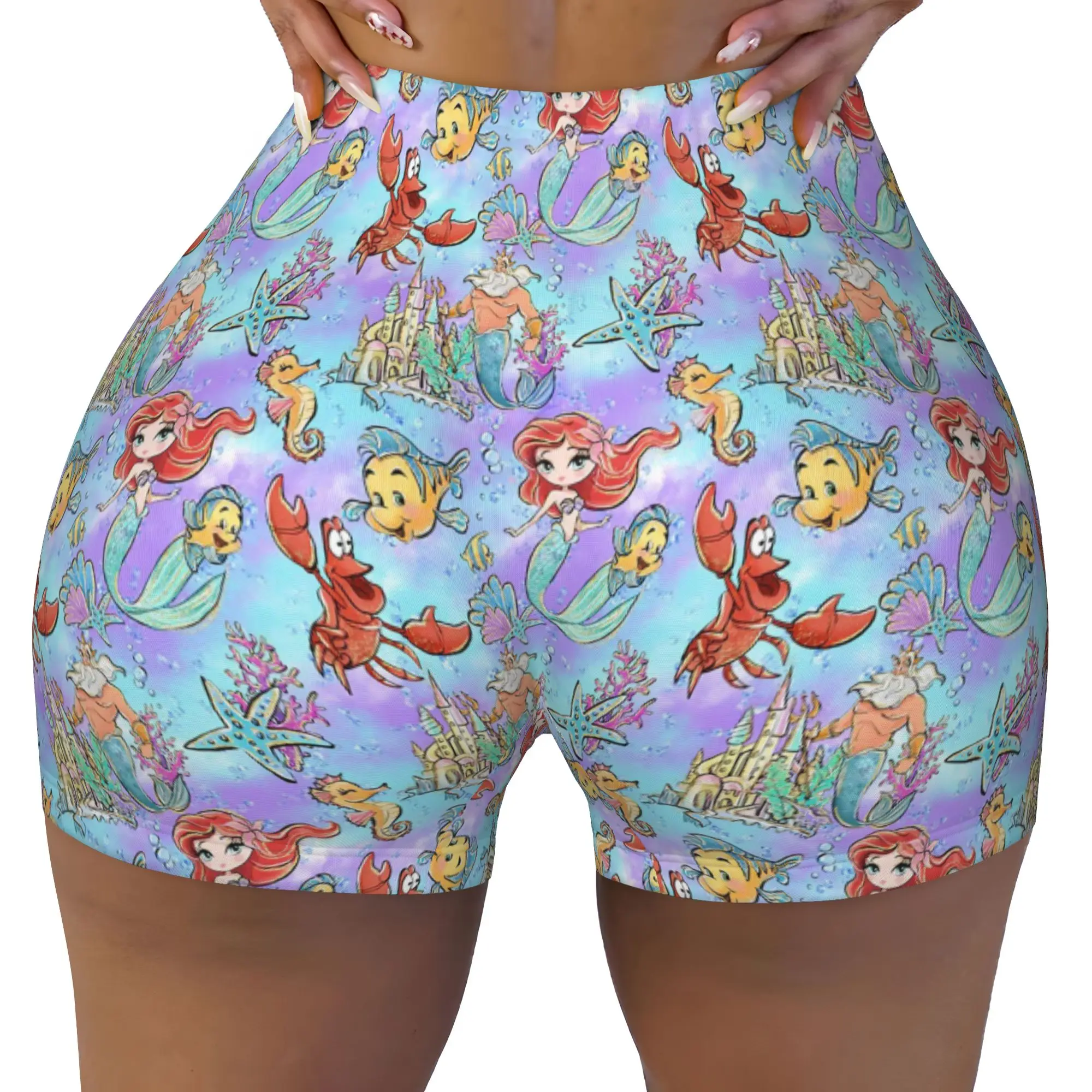 Custom Women's Littles Anime Mermaides Workout Yoga Shorts Fish Manga Athletic Gym Running Volleyball Shorts