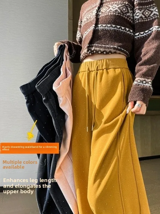 

Утепленные широкие брюки Thiened Fce для женщин, осенне-зимние, спортивные, повседневные, черные, длинные, с декором из страз, модель «Бенд Найф»