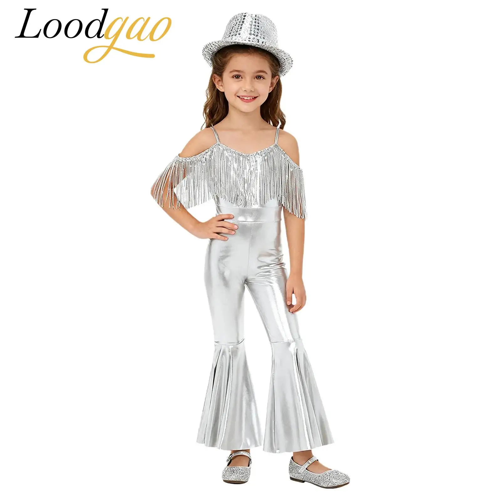

Hippie Costume Flares for Girls 80s Party Costume Kid 70s Sequin Shiny 60s Tassels Romper Flare Jumpsuit Jazz Dance Disco Outfit