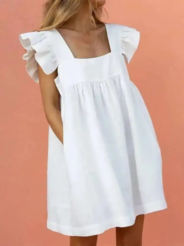 Minivestido con volantes para mujer, Vestidos bonitos con cuello cuadrado y bolsillos, Vestidos elegantes con manga de mariposa para fiesta en la playa, Vestidos femeninos ZU4Y