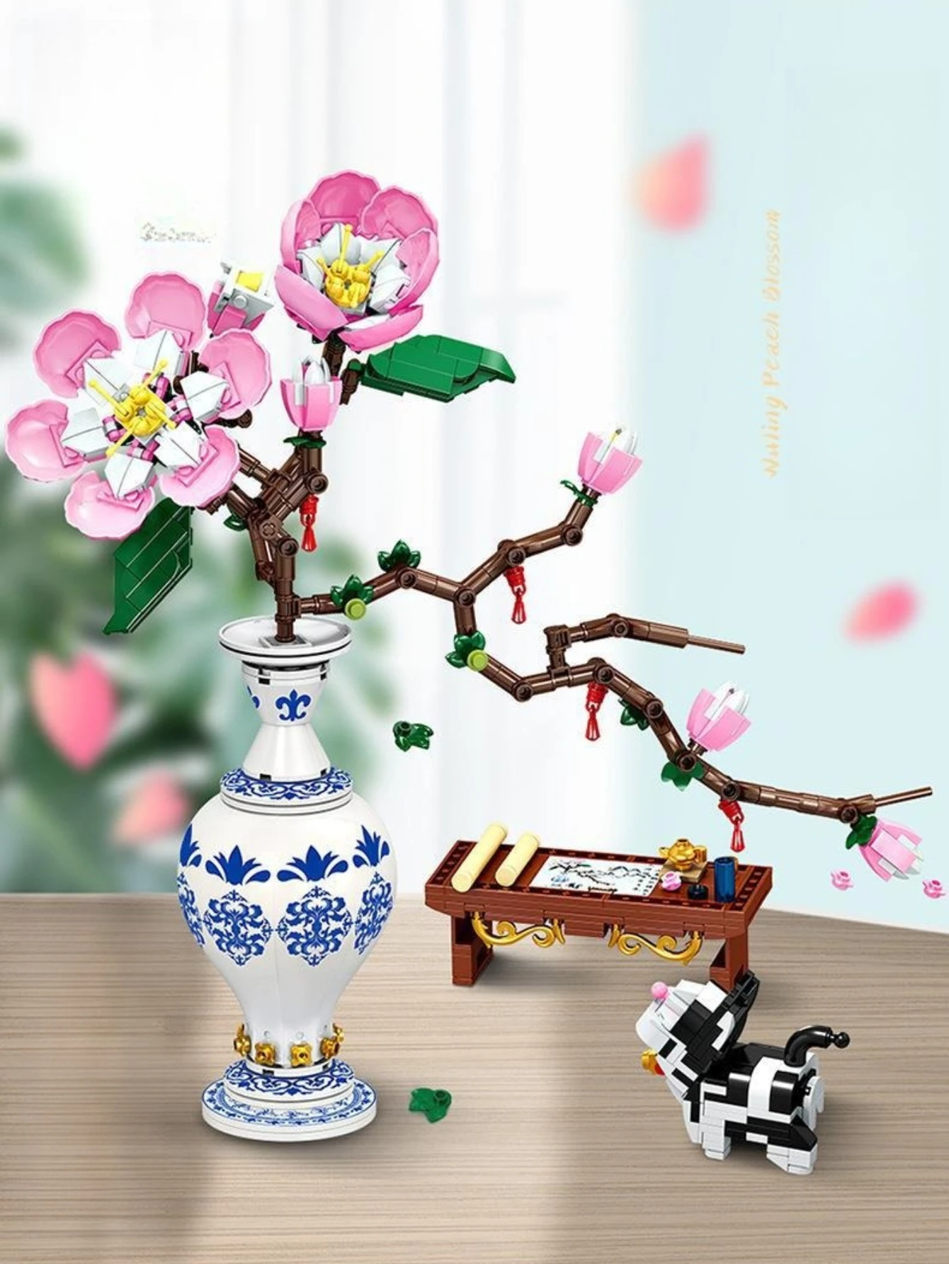 Moc primavera buquê de flores de pêssego vaso de blocos de construção de plantas conjunto de decoração de flores brinquedos crianças aniversário feriado presentes especiais do dia