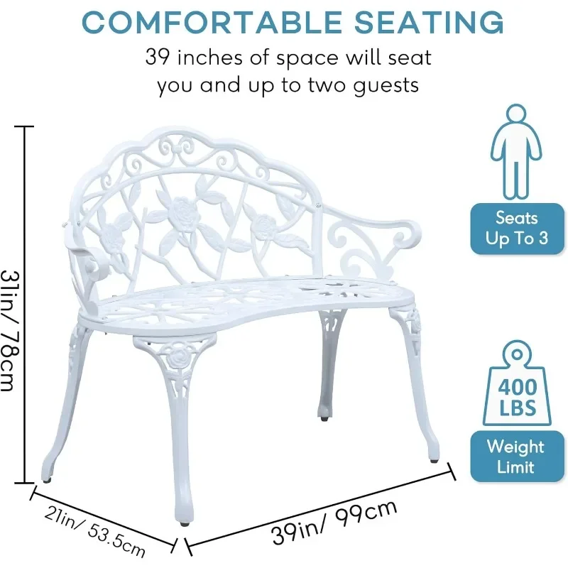 Patio Premier 213052 Outdoor Rose Garden Park Bench, Cast Iron and Aluminum Frame, White