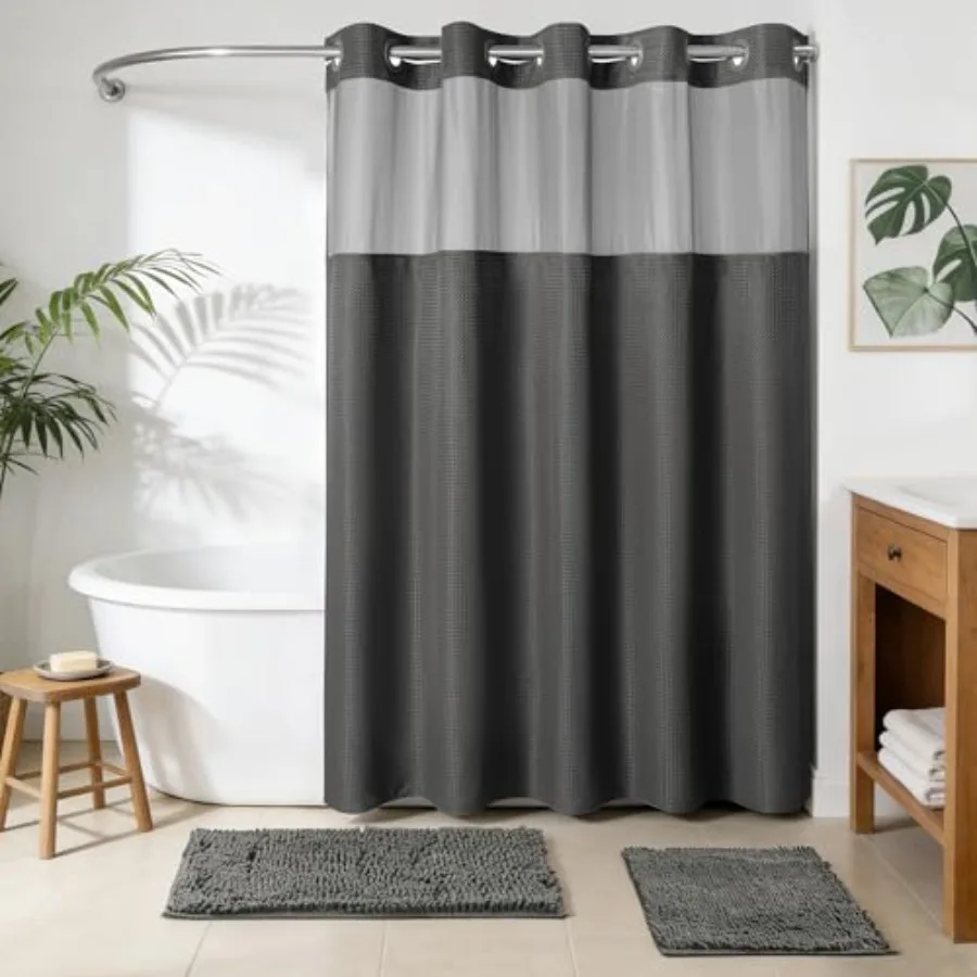 

3 PCS No Hook Waffle Shower Curtain Set with Chenille Bath Rugs - 71" x 74" Graphite Grey Shower Curtain with Snap-in Liner and