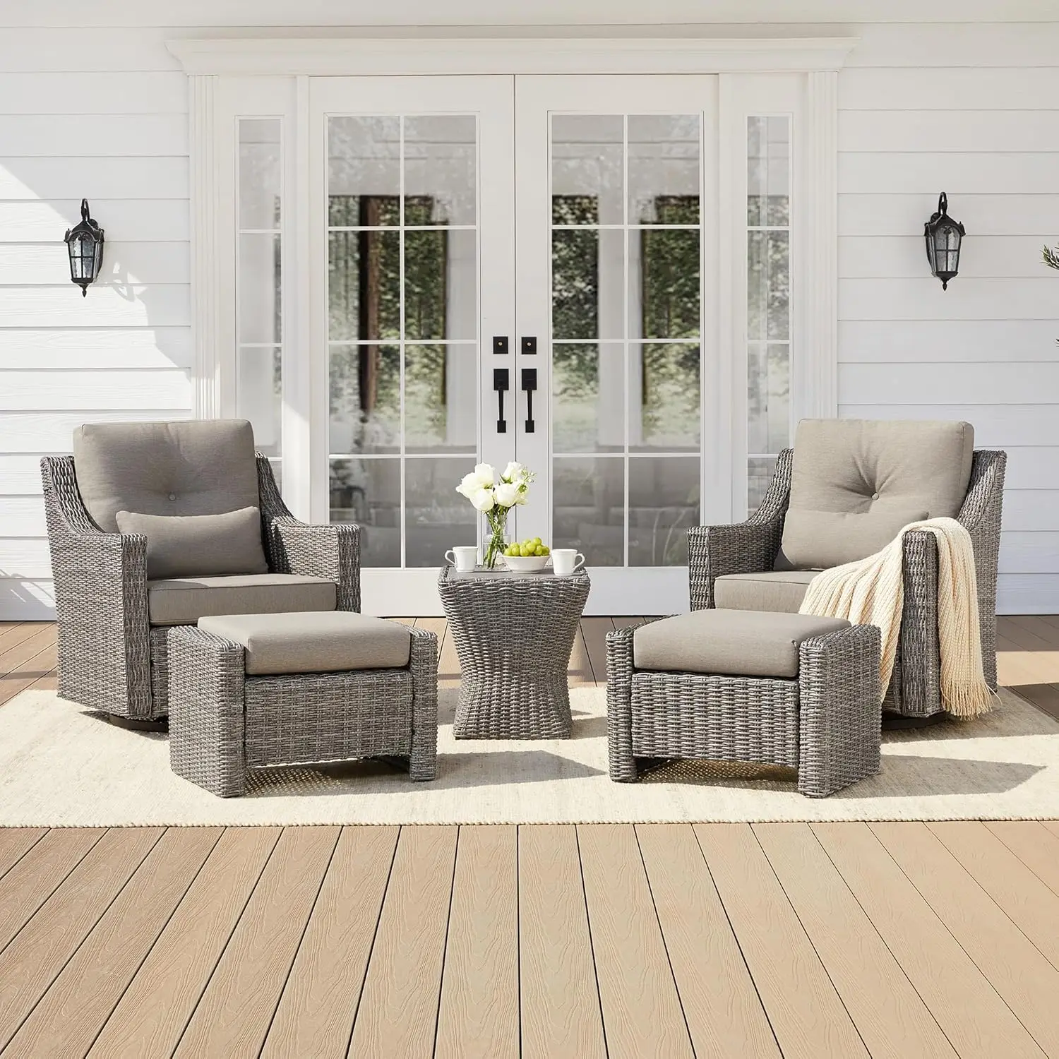 

5 Pieces Swivel Wicker Patio Furniture Set, Outdoor Conversation Set with 2 Pieces Rattan Rocking Swivel Chairs, 2 Pieces Ottoma