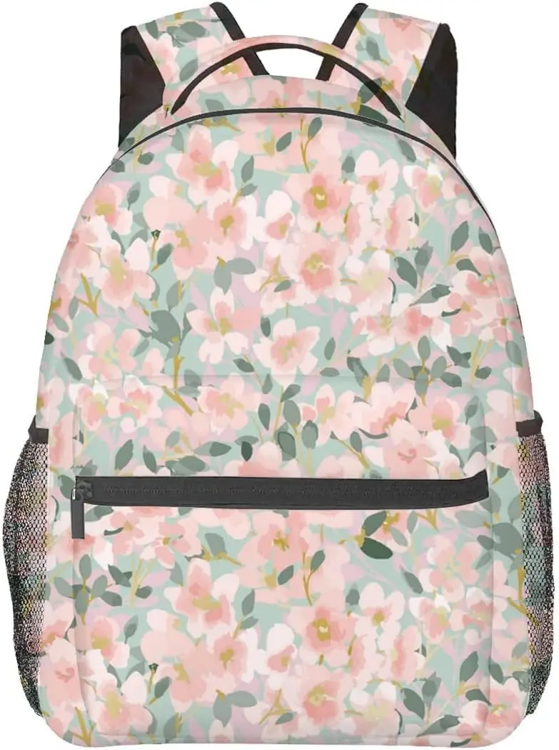 

Elegant Floral Backpack, Polyester Laptop Bag, Soft Pink Blossom with Leaf Backpacks, Pastel Flower Back Pack, Rucksack Gifts