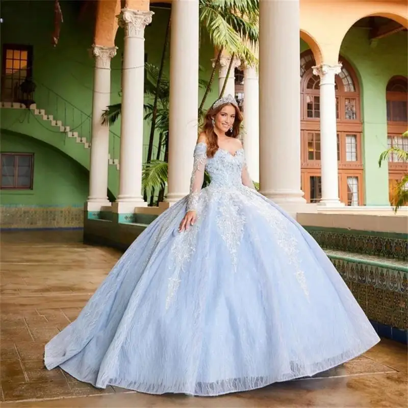 

Light Sky Blue Quinceanera Dresses Sweet 16 Ball Gown 2024 Off The Shoulder Lace Appliques Beads Pageant Party Princess