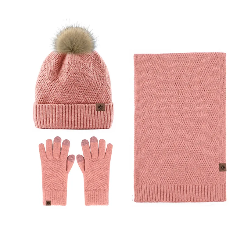 Inverno caldo cappello di lana sciarpa guanti Set per le donne foderato in pile berretto con Pom Pom sciarpa lunga guanti Touchscreen 3 in 1 Set