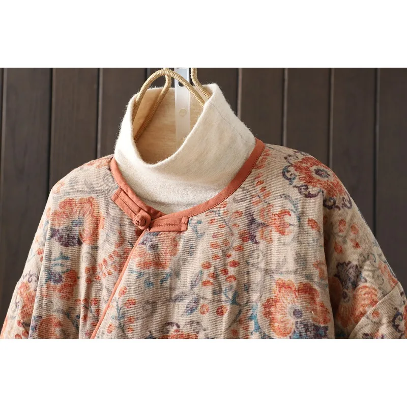 Warm katoen Jaet National Sle Print groot formaat dames dikke MM schuine flap knop ronde Ne lange Sve bloemen katoenen jas