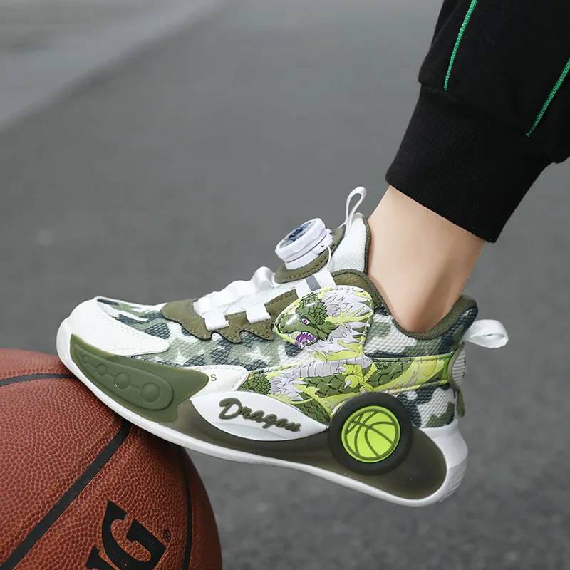 

Children's Fashion Basketball Shoes Boys Swivel Buckle Sneakers 2024 Spring Boys New Mesh Running Shoes