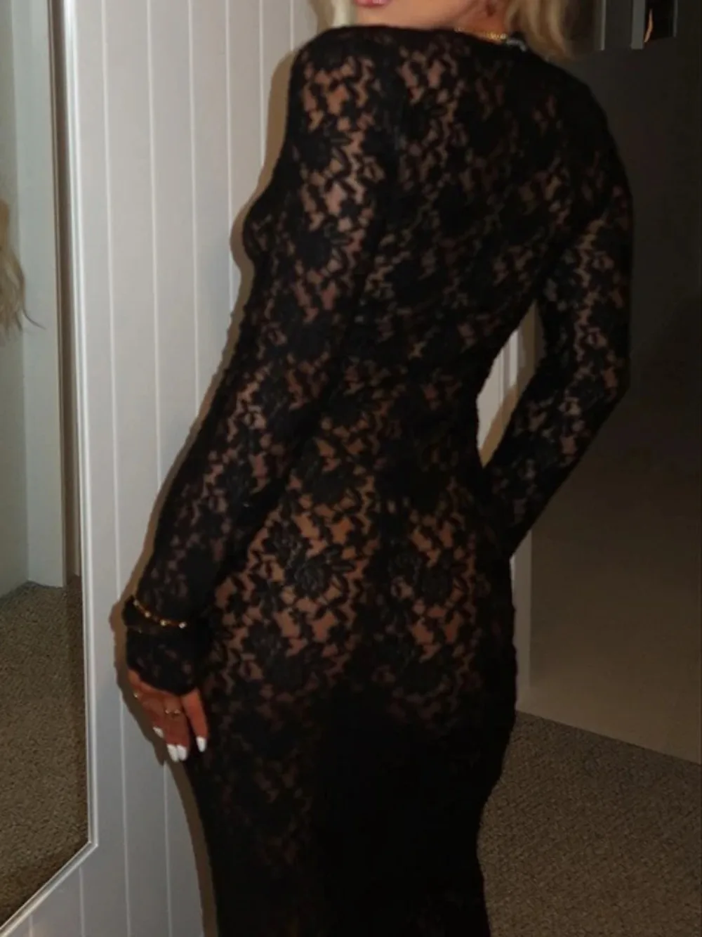 섹시한 시스루 레이스 꽃 자수 슬림 바디콘 롱 드레스 여성 긴 소매 맥시 드레스 이브닝 클럽 파티 드레스