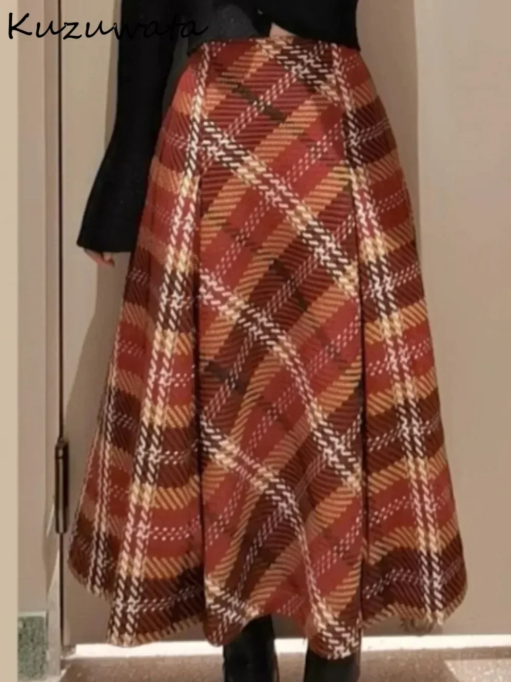 Kuzuwata Harajuku A-line Ruched Plaid Slim Moda Skirt Mid-length Wool Elegant All-match Faldas Japan New Exquisite Mujer Falda