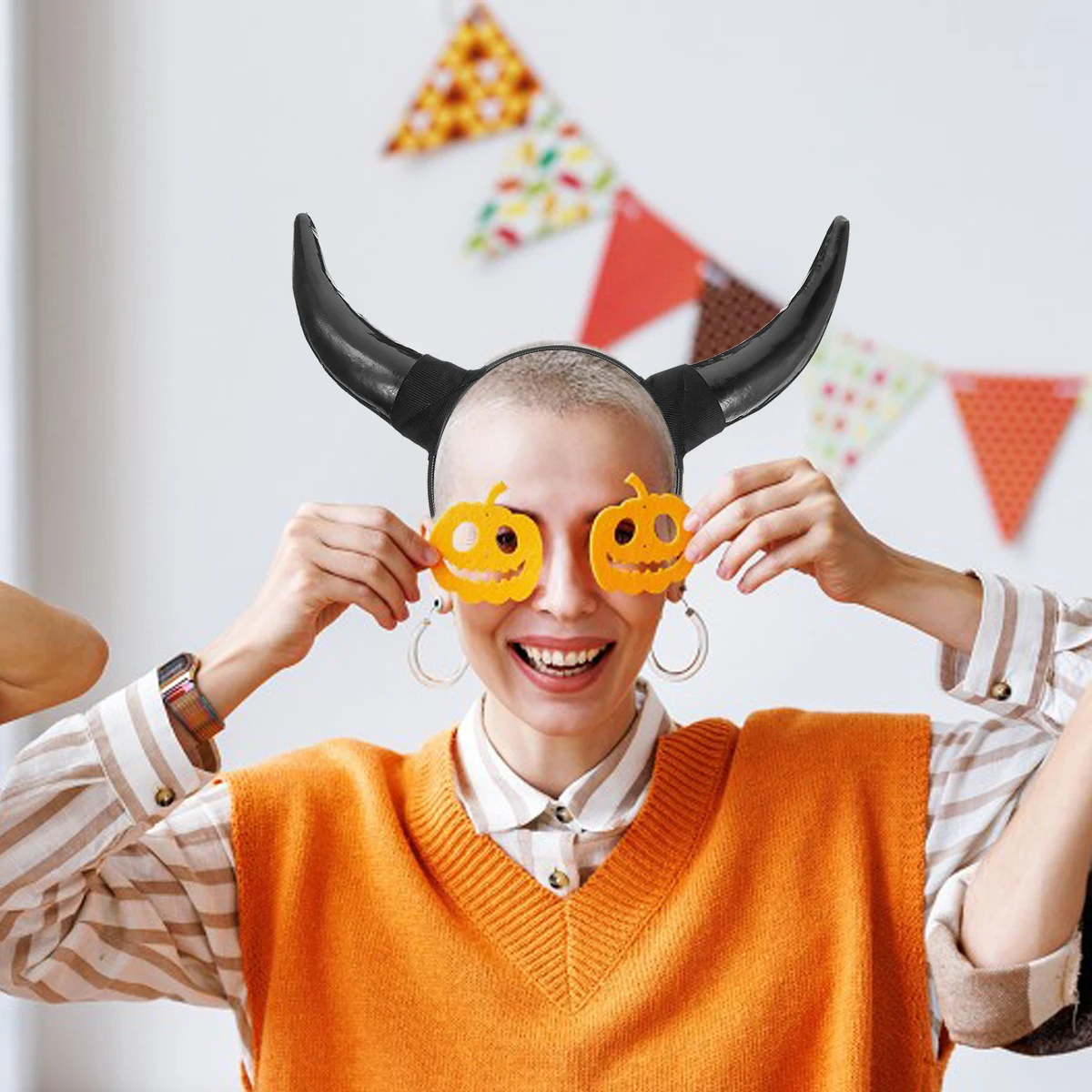 

Horn Headband Halloween Cosplay Costume Accessory Lightweight Durable Plastic Black Hair Child Size Demon Horns Party