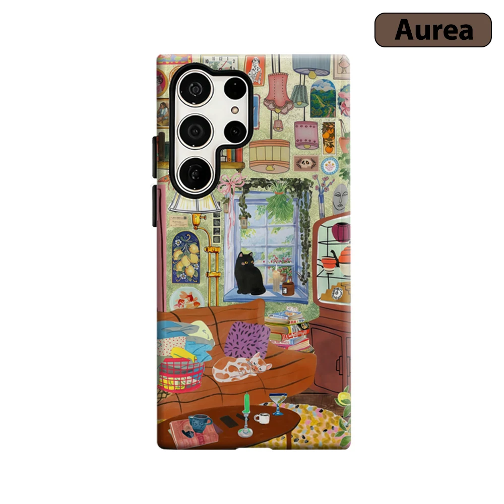 Capa de Celular Vintage Curio Parlor Cat para Samsung Galaxy S25 Ultra S24 S23 Ultra Plus, Antichoque, Camada Dupla, Capa Traseira Resistente