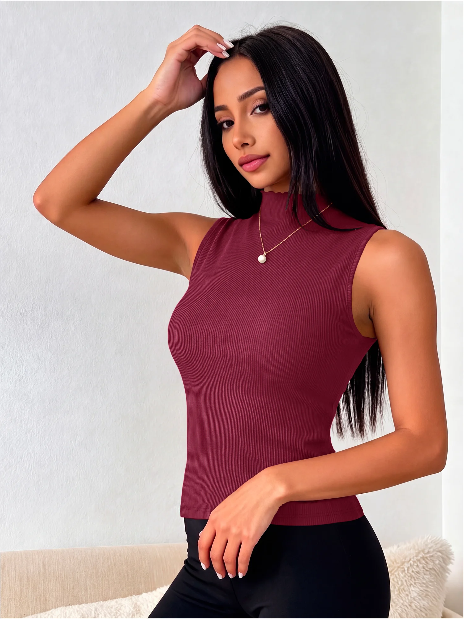 Frill Trim Mock Neck Ribbed Cami, Sleek Sleeveless Knit Tank for Brunch Dates & City Café Hopping