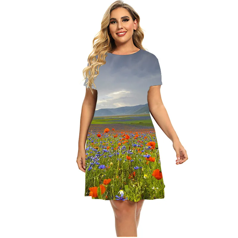 Vestidos con estampado de flores rosas para mujer, minivestido holgado informal de manga corta, cuello redondo, corte en A, talla grande 6XL