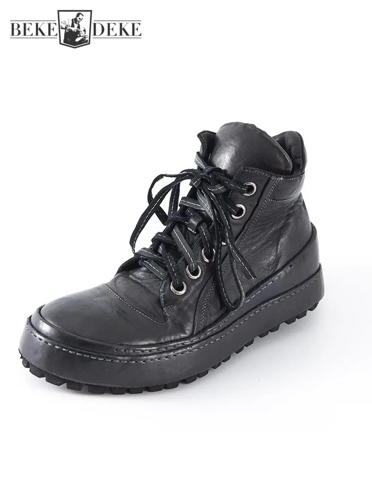 

Vintage Street Hip Hop Men High Top Casual Shoes Lace Up Flat Platform Short Boots Lace Up Mens Horsehide Genuine Leather Boots