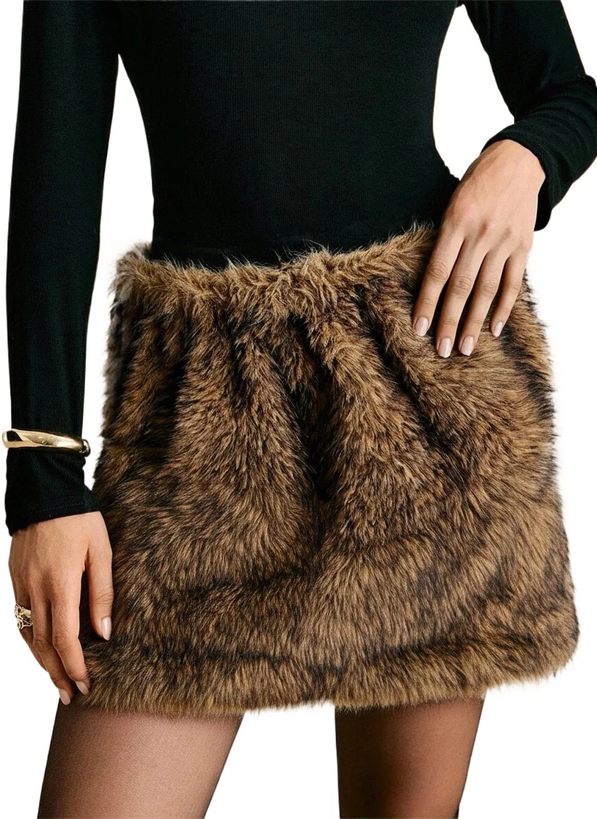 Winter Streetwear Faux Fur Mini Skirt High Waist Elastic Band Warm Fuzzy Plush Party Clubwear Regular Fit Short Skirt