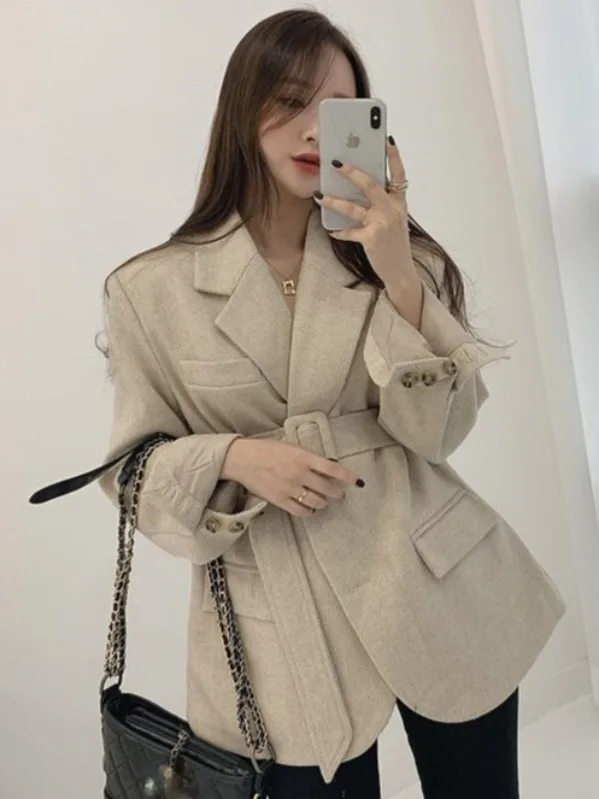 

Slimming Plaid Woolen Suit Jaet Women's Chic Autumn Winter Vintage High Waist Cinched Waist Tuxedo Collar ort Coat