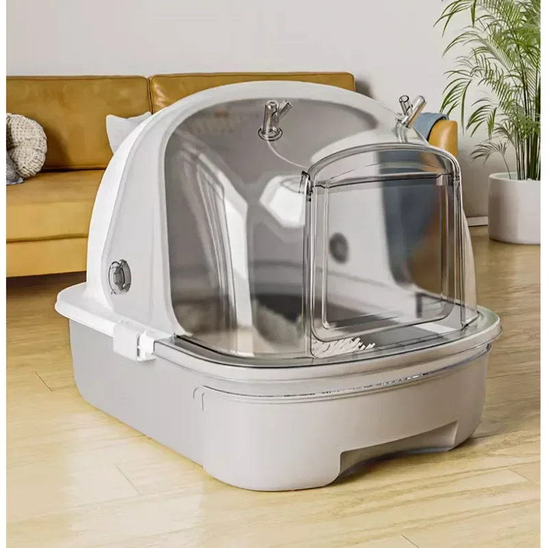 Fully Enclosed Toilet for Cats, Transparent, Visible Cat Box, Lifting Cover Design, Cat Litter Box, Anti Odor Splash Litter Tray