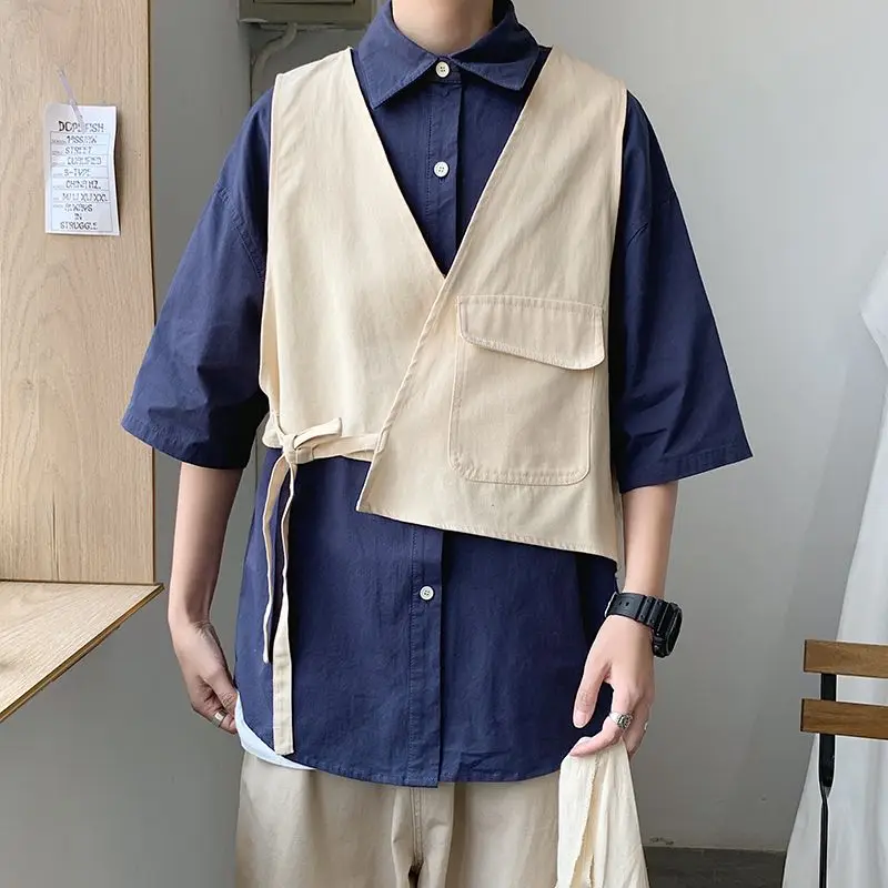 2024 New Summer Men\'s Fashion Trend Personalized Loose Casual Oversize Japanese Holiday Two-piece Patchwork Medium Sleeved Shirt