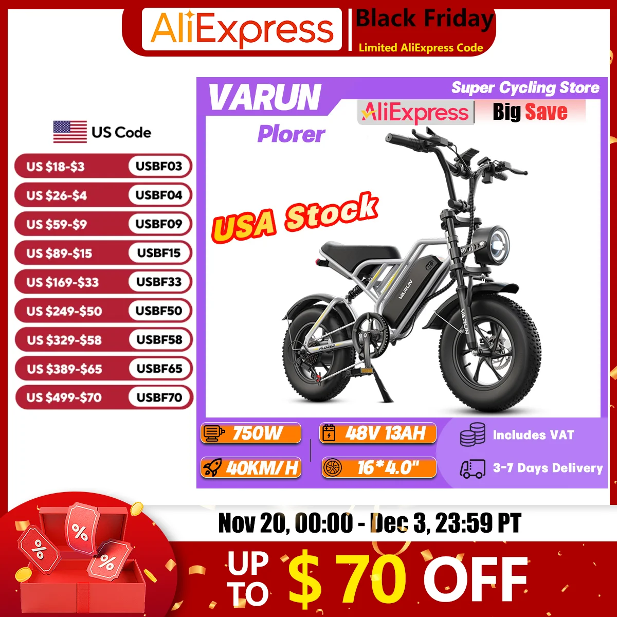 

VARUN Plorer Adult Off-Road Ebike 750W 48V 13Ah Full Suspension Mountain Electric Bicycle 16*4.0" Fat Tire Snow Electric Bike