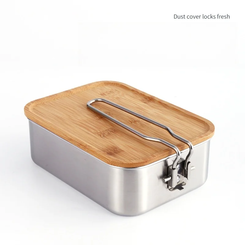 

Outdoor Bento Box with Wooden Lid Japanese Crisper Refrigerator Storage Thickened Stainless Steel Bamboo Lid Lunch Box Sealed