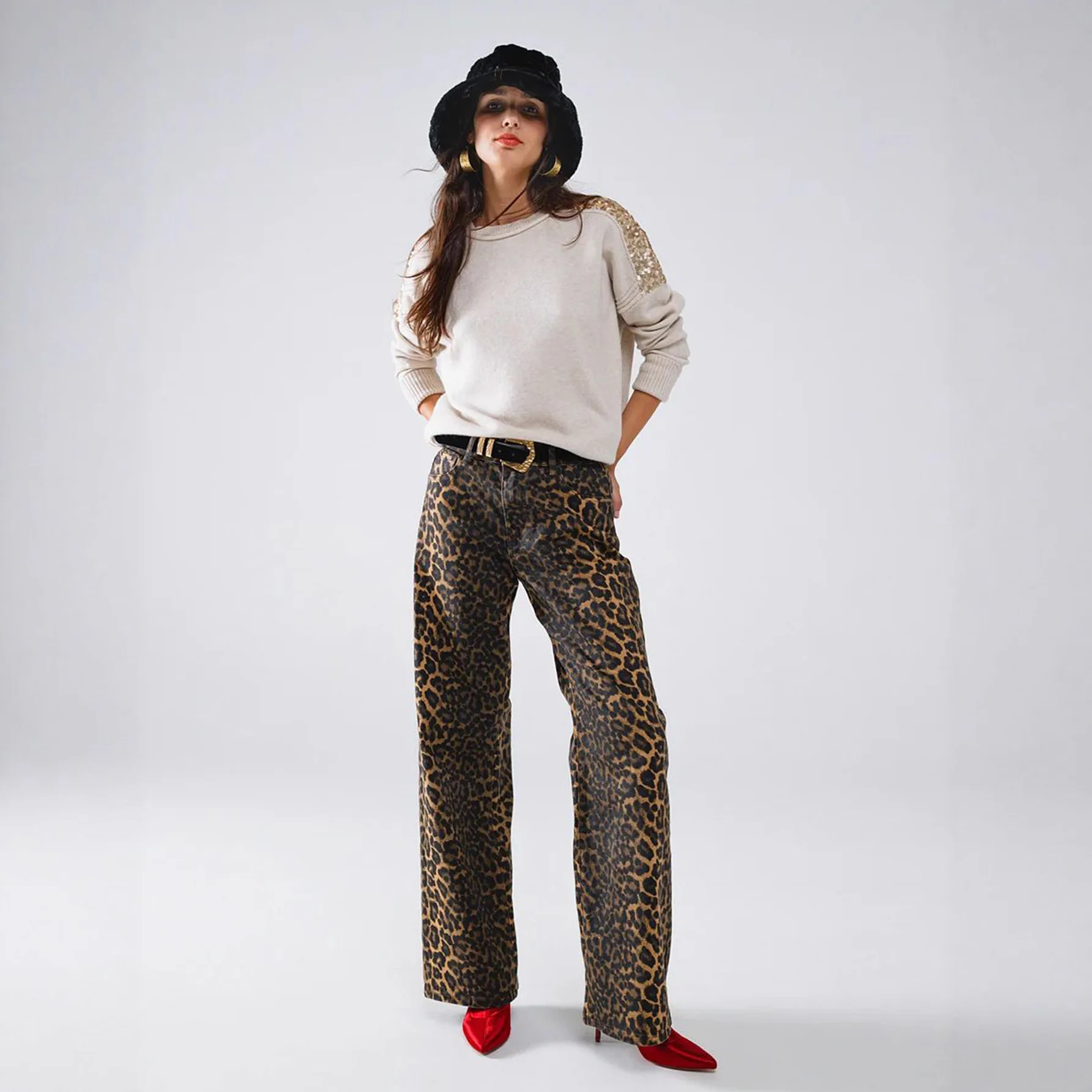 2026 Moda outono/inverno estampa de leopardo jeans de perna reta