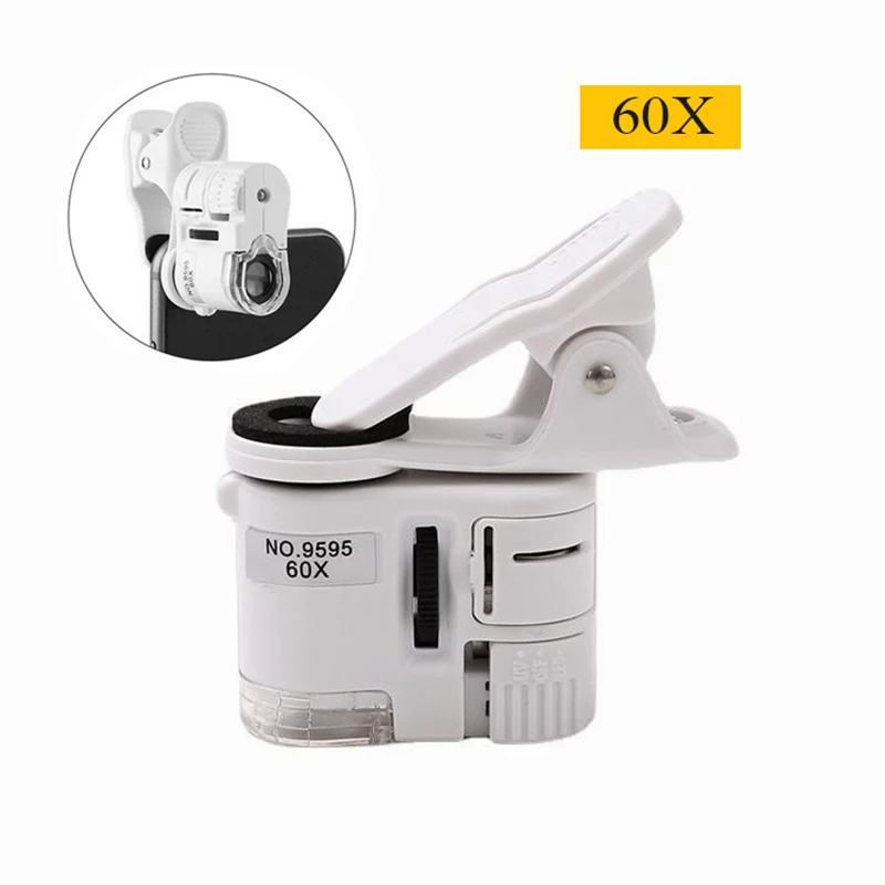 

Universal Clip Microscope 60X LED Jewelry Magnifying Glass Focusing Adjusted Pocket Microscope with Cell Phone Clip UV Light