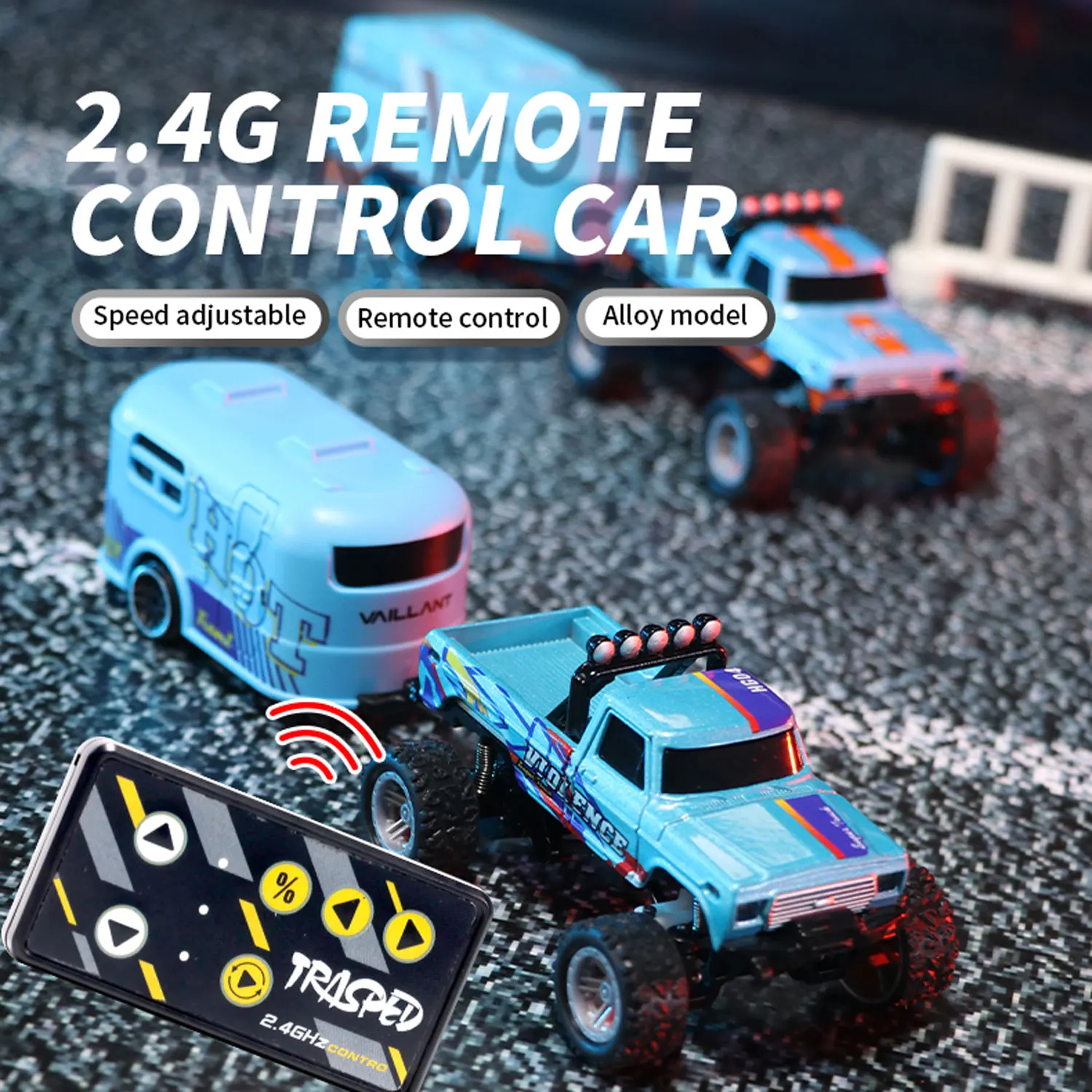 Mobilní app controlable 1:64 kov slitina proporcionální daleký ovládání auto vánoce dar 2.4ghz mini mala RC pásový kamion s přívěs