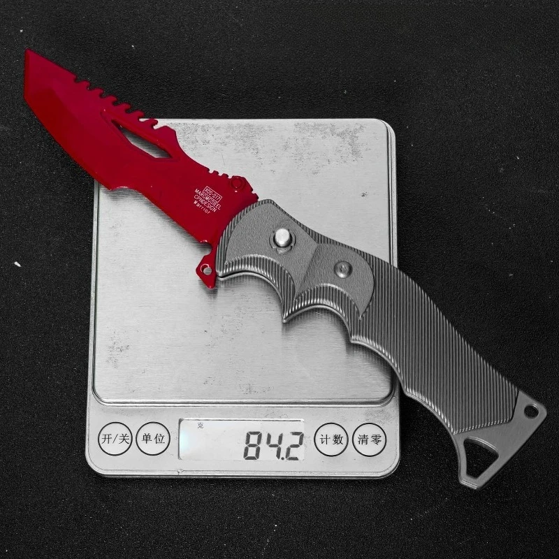 22cm/8.66in Arena Breakout Game Red Mandarin Folding Knife Metal Weapons Model Alloy Pendant Uncut Ornaments Collection Desktop