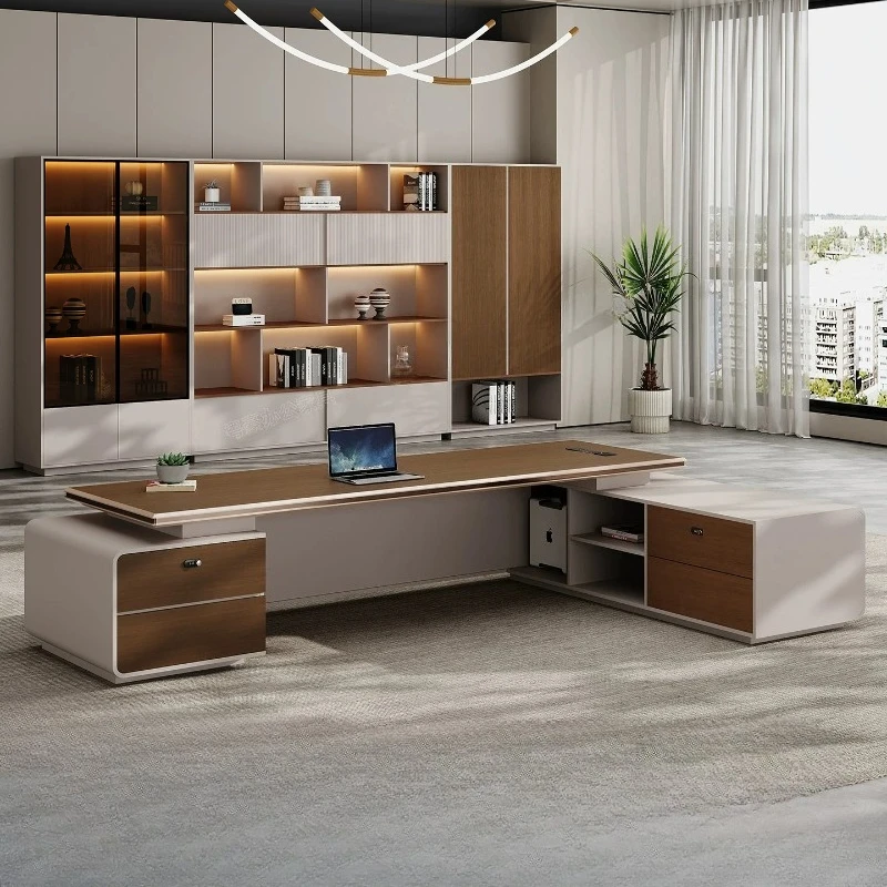 T*-Premium Modern Executive Desk with Built-in LED Light and Power Strip, Luxury Manager Office Desk*-