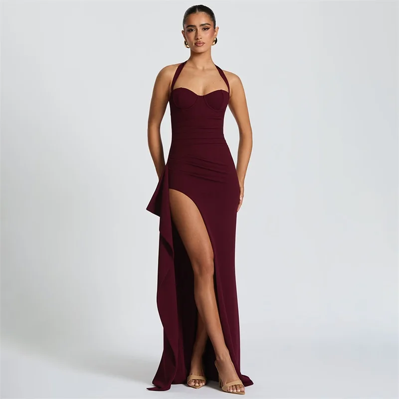

Lace Up High Split Women's Evening Dress Backless Pleated Bandage Gown Red Black Sheath Slim Party Skirt New Arrival In Stock