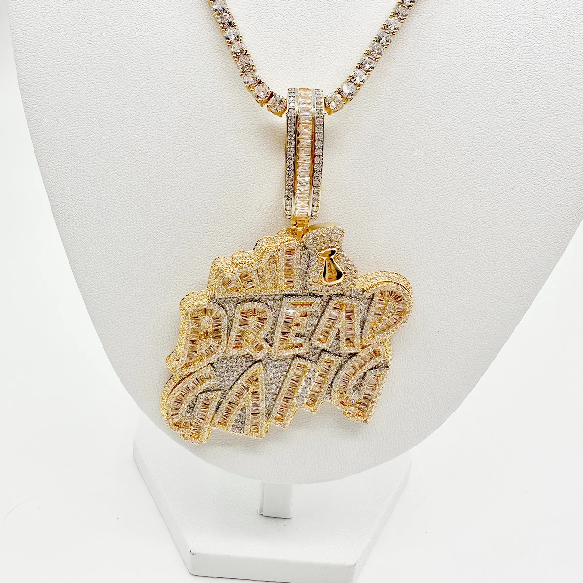 Drip Letter Iced Out Pedant Bread Gang Necklace for Men Cubic Zirconia Baguette Double Color Hip Hop Jewelry