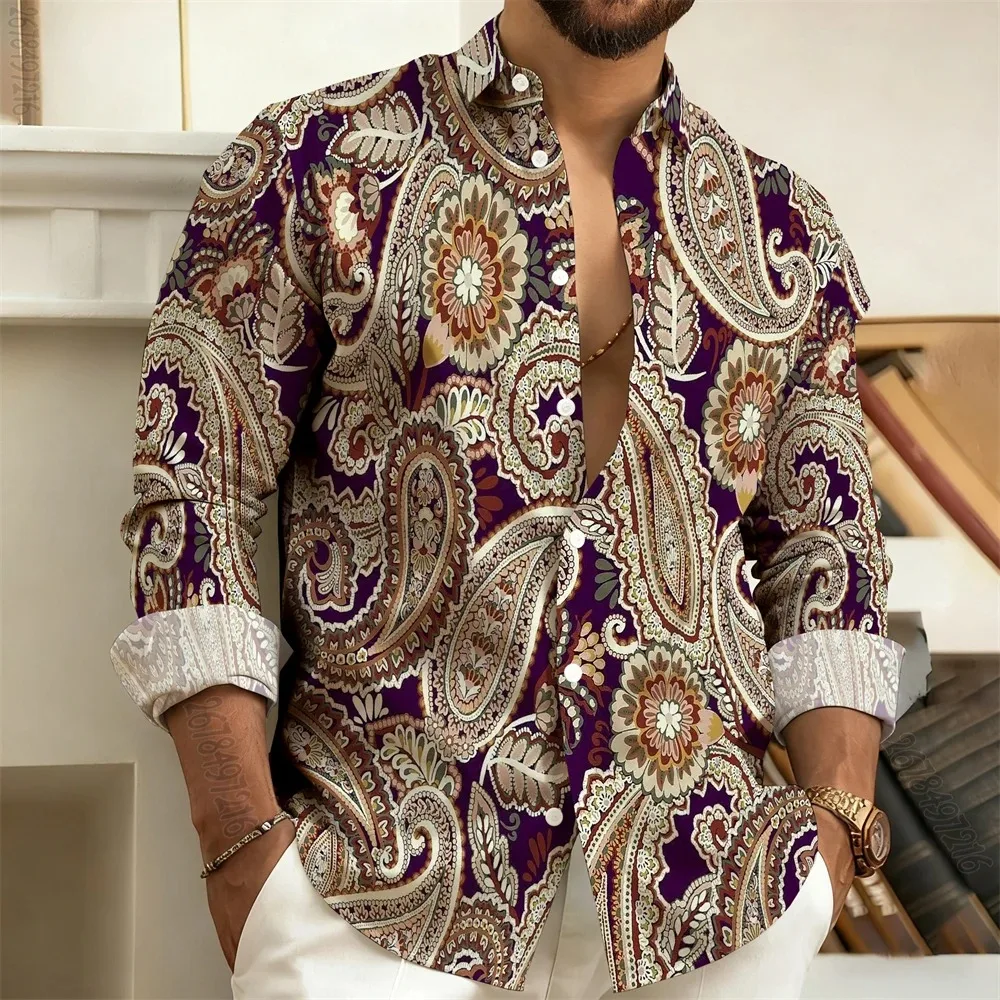 2026 New Men's Long-Sleeved Shirt with Paisley Cashew Pattern Print, Vintage, Comfortable, and Stylish Casual Men's Lapel Top