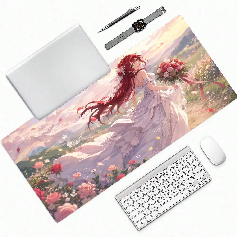 Red Hair Anime Bride Wild Rose Field Sunset Scenery Art Extra Large Non-Slip Extended Gaming Mouse Pad