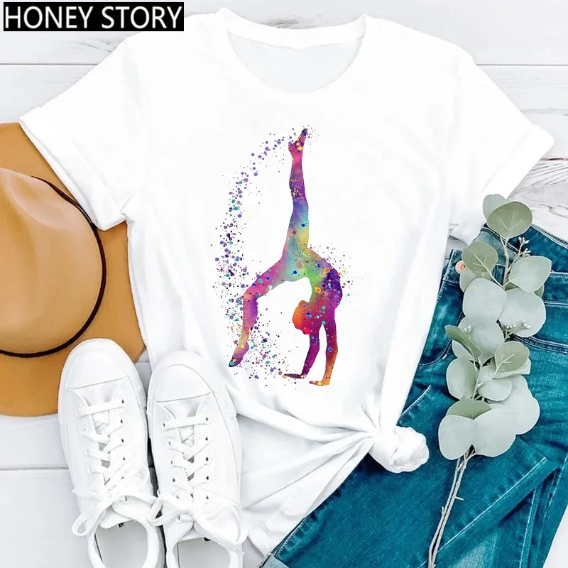 Gimnastyka baleriny tancerz T Shirt akwarela gimnastyczna tancerka baletowa koszulka z nadrukiem damskie koszulki z nadrukami estetyczne ubrania — zdjęcie 6