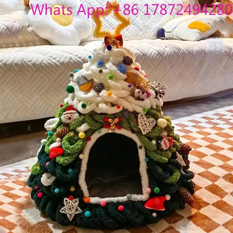 Luxury Customized Winter Warm Cat Igloo Bed Breathable Small Pet Nest Christmas Tree Print Washable Plush Cloth Dog Sleeping