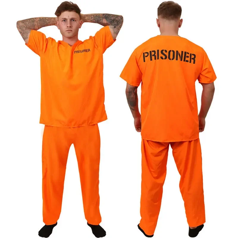 Adult Inmate Costume Pants Orange Prisoner Jumpsuit Jailbird Outfit Halloween Orange Prisoner Costume Men Carnaval Jail Costumes