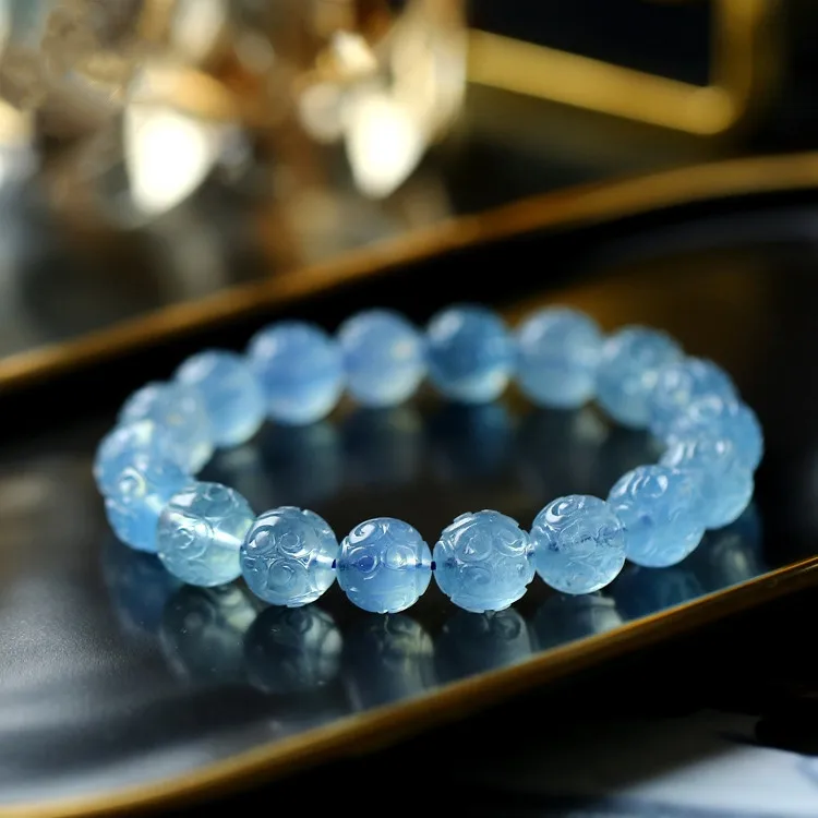 Natural Blue Aquamarine Carved Beads Bracelet Women Men Stretch Blue Aquamarine Fashion Jewelry 10mm 11mm 12mm AAAAA