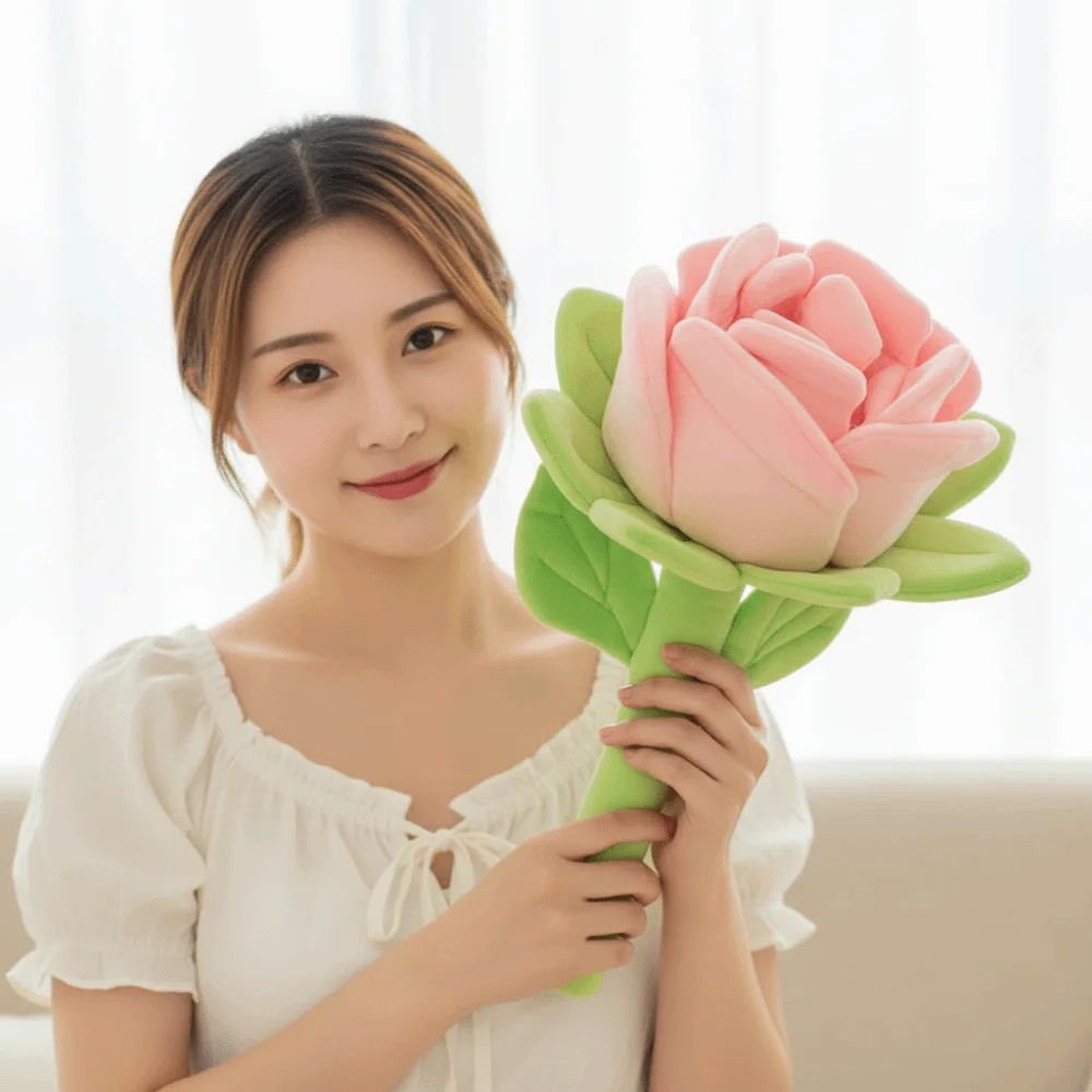 

Realistic Simulation Rose Soft Romantic Red Rose Bouquet Lifelike Heart Holding Floral Cushion Game Props